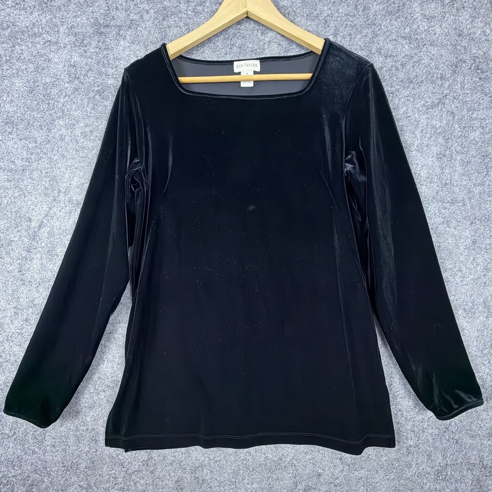 Vintage Ann Taylor Velvet Tunic Top Womens Medium Black Stretch Long Sleeve